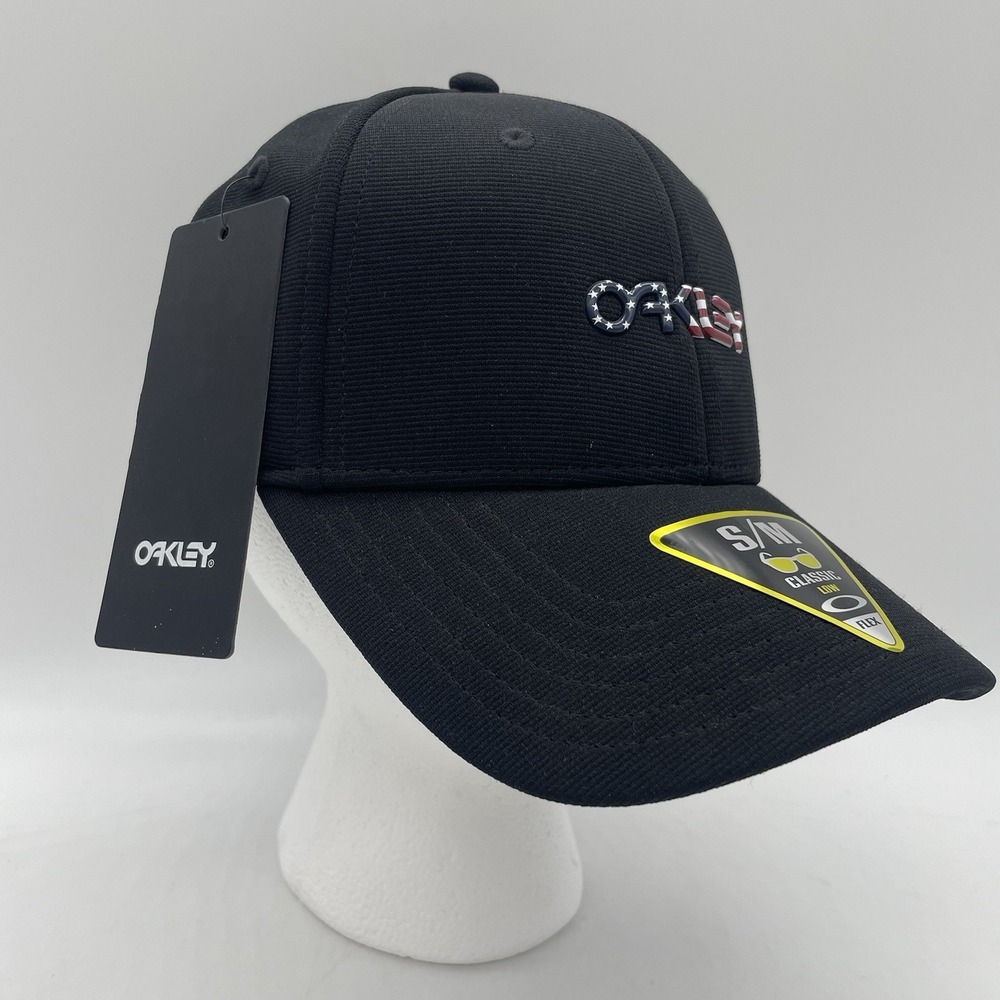 NWT Oakley Metallic Stretch Hat American Flag S/M Cap Black Fit Classic Low Logo
